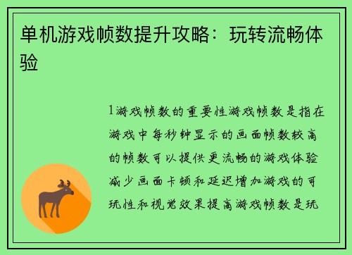 单机游戏帧数提升攻略：玩转流畅体验